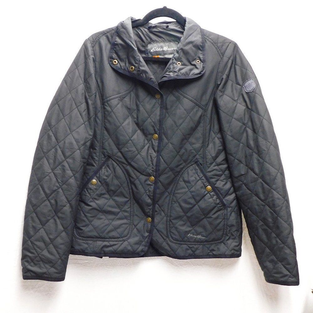 Eddie Bauer M Black Quilted Button Down Puffer Coat Jacket EUC